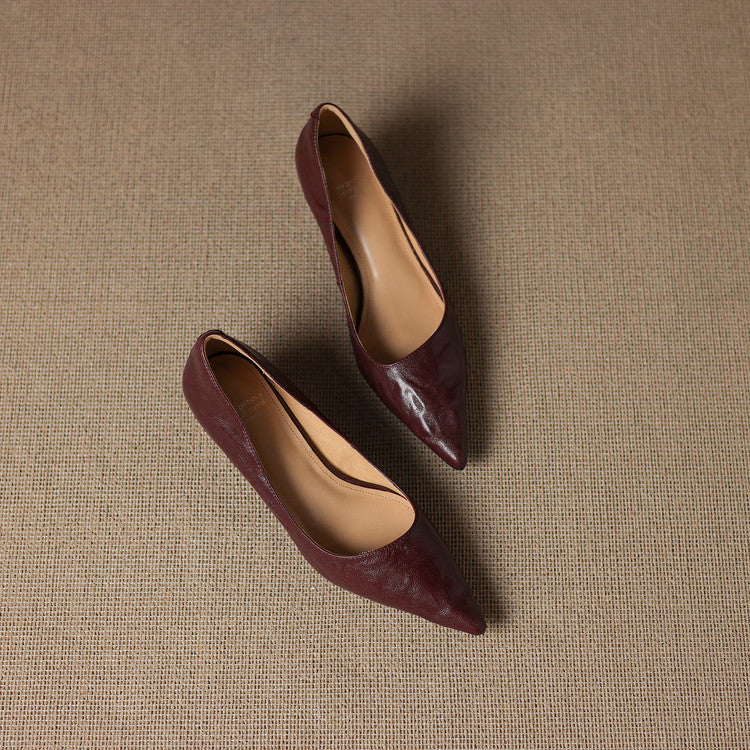 Elyse | Elegant Pointed Toe Burgundy Leather Kitten Heels