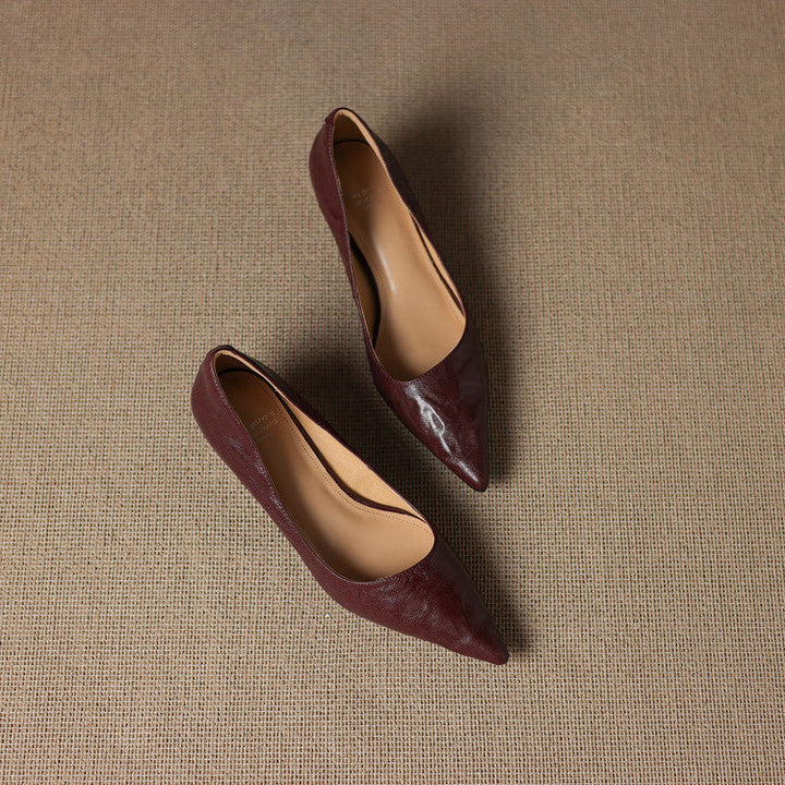 Elyse | Elegant Pointed Toe Burgundy Leather Kitten Heels