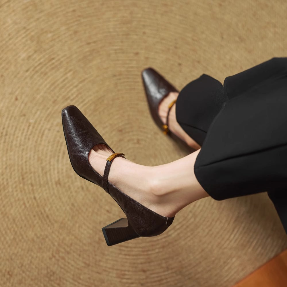 Auria | Elegant Square-Toe Mary Jane Block Heel Pumps