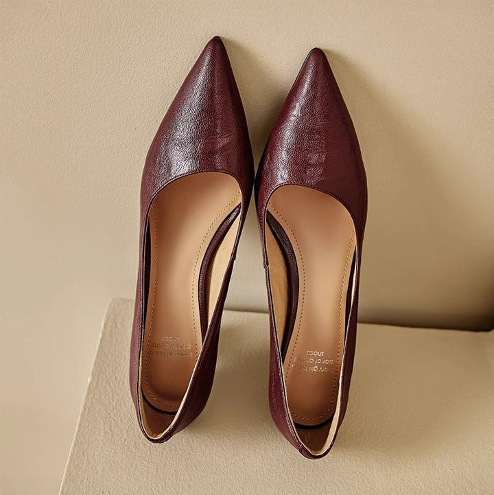 Elyse | Elegant Pointed Toe Burgundy Leather Kitten Heels