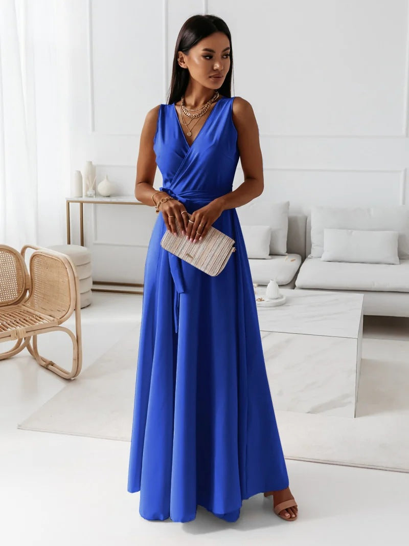 Celeste | Elegant Pink V-Neck Sleeveless Wrap Maxi Dress