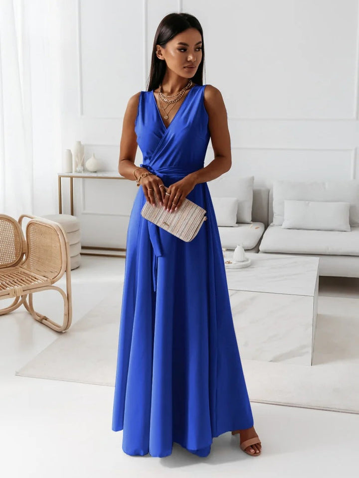 Celeste | Elegant Pink V-Neck Sleeveless Wrap Maxi Dress