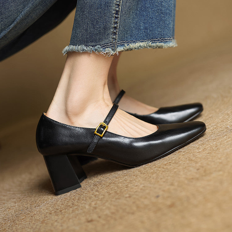 Lenara | Elegant Square Toe Mary Jane Block Heels