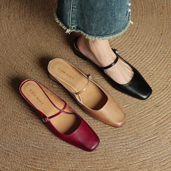 Leona | Elegant Square Toe Block Heel Leather Mules