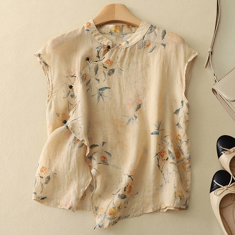 Elyse | Elegant Floral Sleeveless Blouse With Mandarin Collar