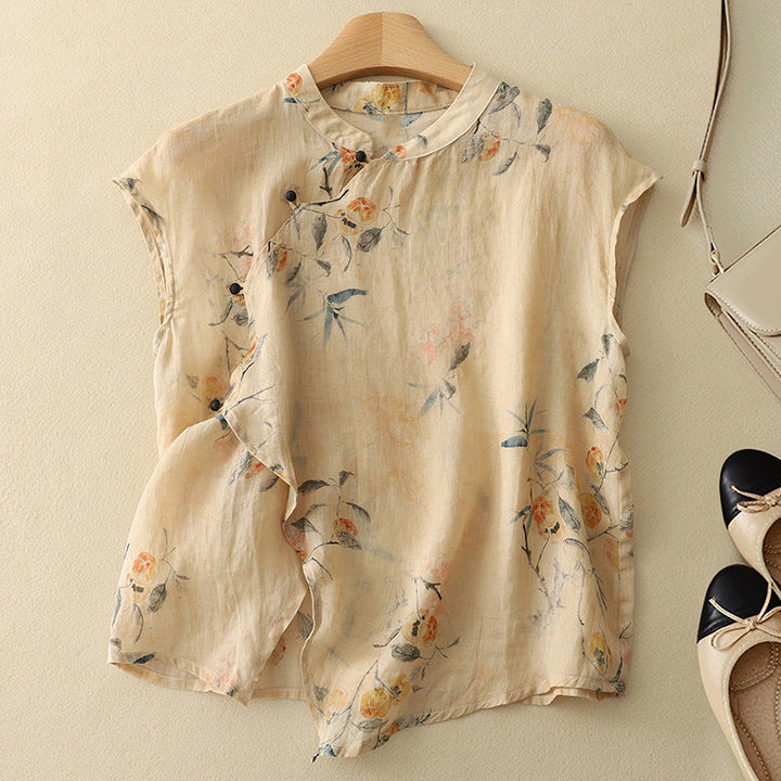 Elyse | Elegant Floral Sleeveless Blouse With Mandarin Collar