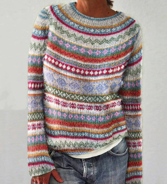 Penelope | Chic Rainbow Striped Long Sleeve Knit Sweater