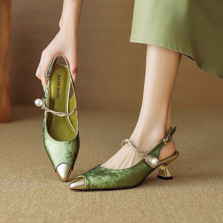 Eliana | Elegant Pearl-Accent Green Slingback Kitten Heels
