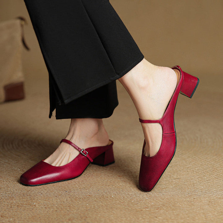 Leona | Elegant Square Toe Block Heel Leather Mules