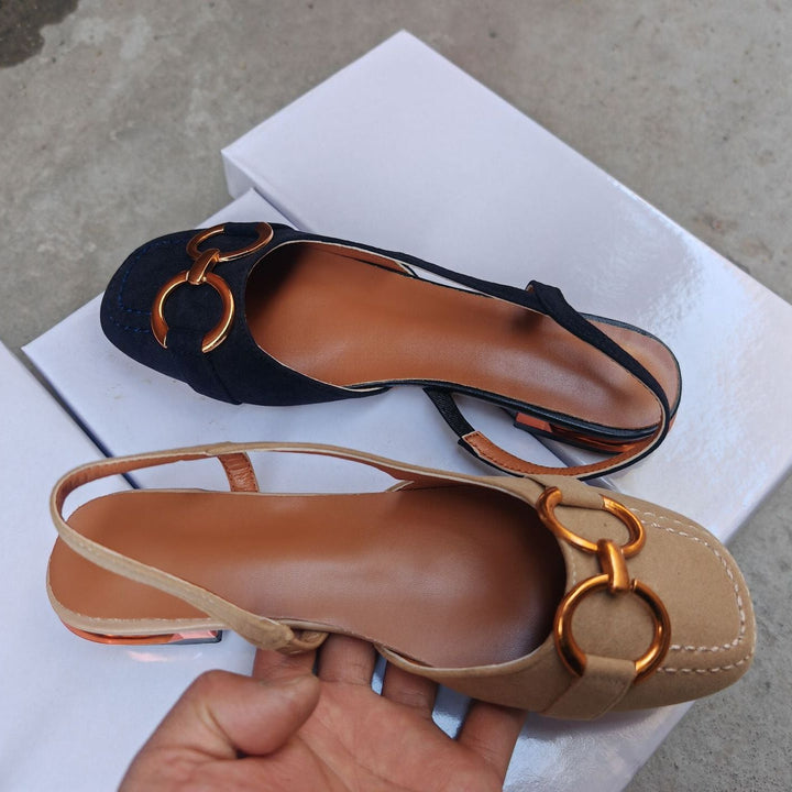 Margot | Elegant Navy Slingback Flats With Gold Buckle Detail