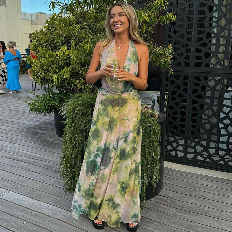 Sybil | Elegant Halter Backless Tie Dye Maxi Dress