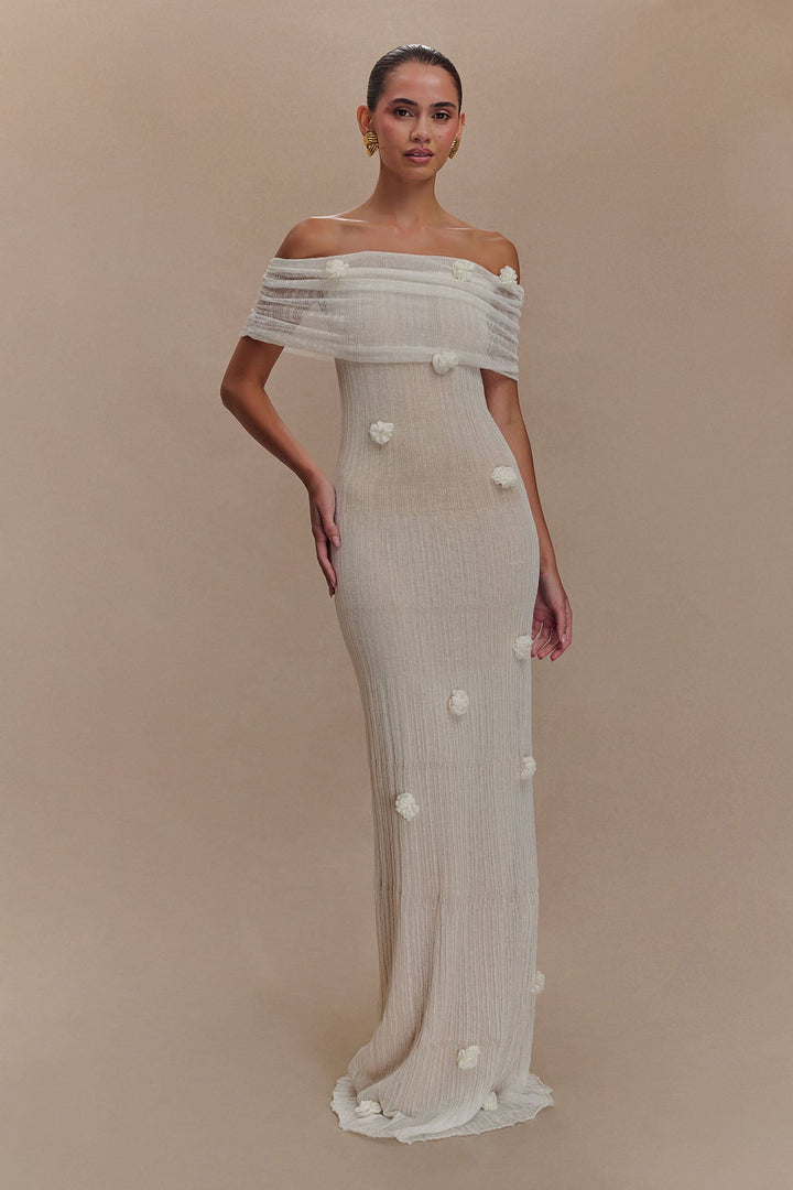 Cordelia | Elegant Off-Shoulder Knit Maxi Dress With Floral Details