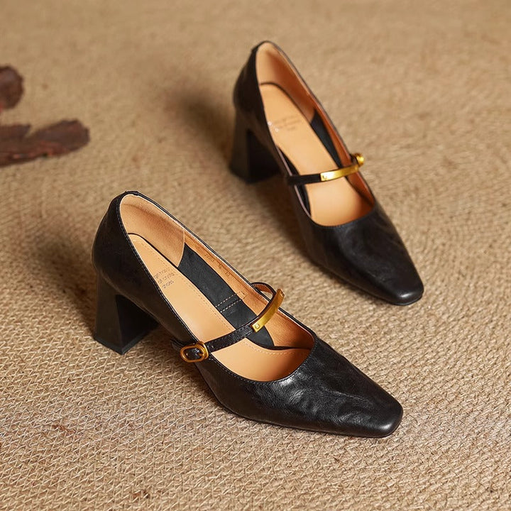 Auria | Elegant Square-Toe Mary Jane Block Heel Pumps