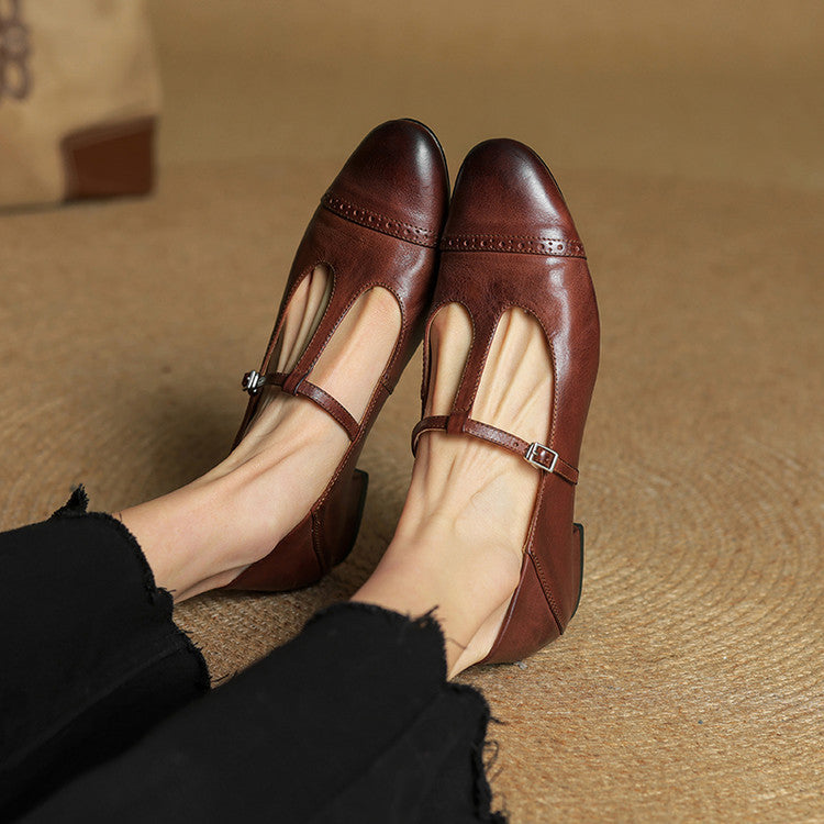 Eleanore | Elegant T-Strap Genuine Leather Mary Jane Flats