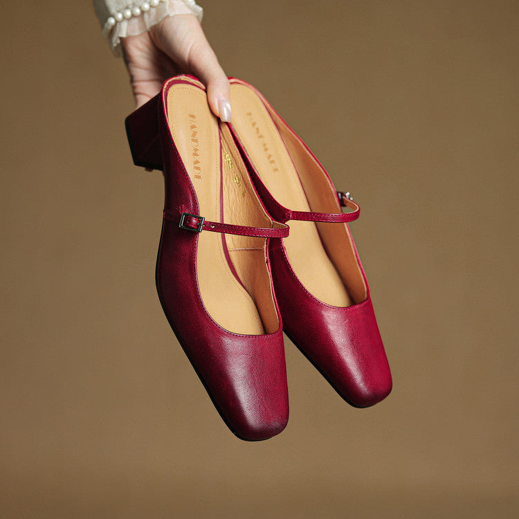 Leona | Elegant Square Toe Block Heel Leather Mules