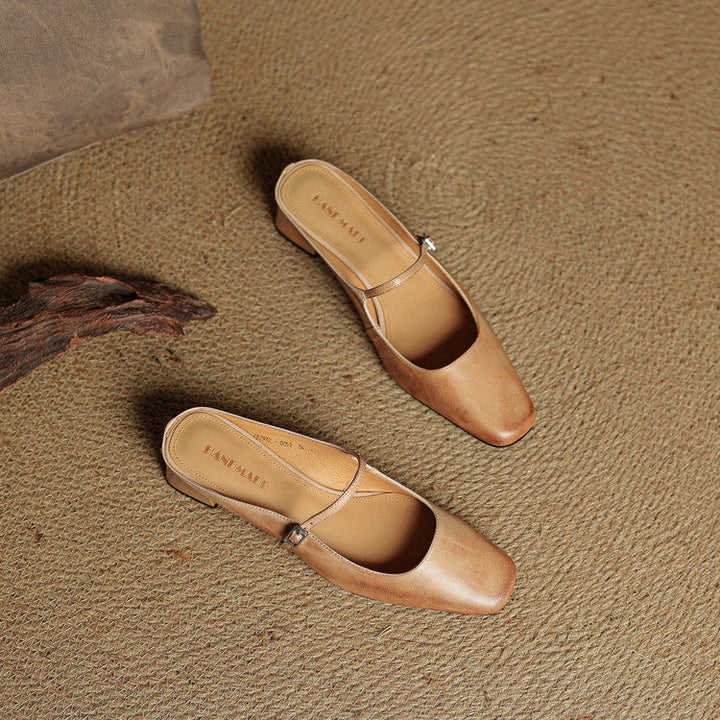 Leona | Elegant Square Toe Block Heel Leather Mules