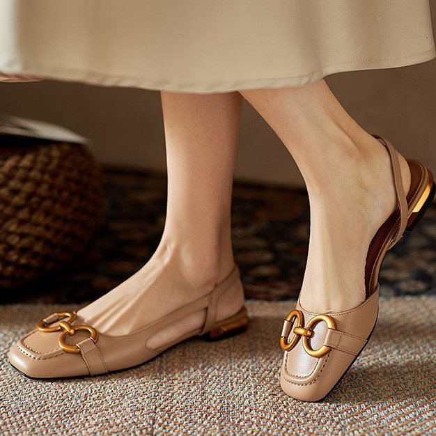 Evelyn | Elegant Navy Slingback Flats With Gold Buckle Detail