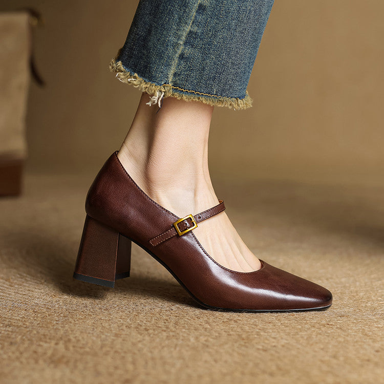 Lenara | Elegant Square Toe Mary Jane Block Heels