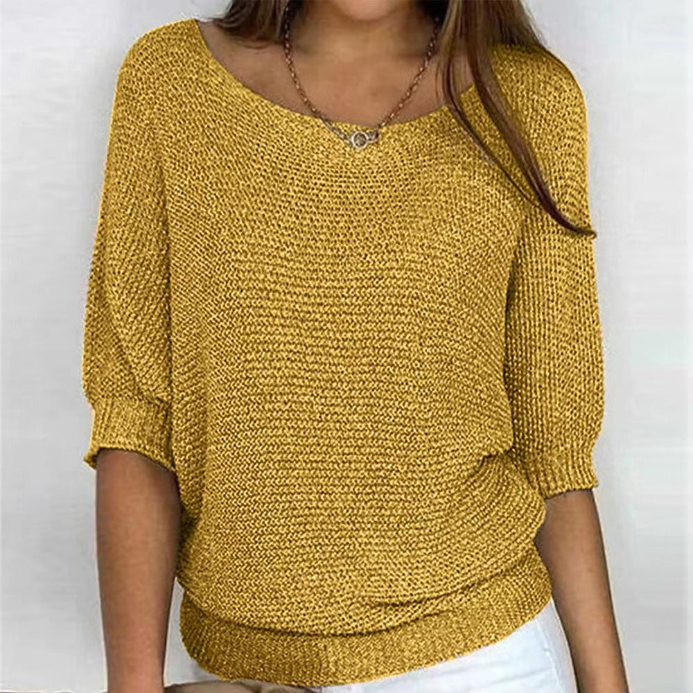 Lila | Chic Blue Textured Knit Pullover With 3/4 Sleeves