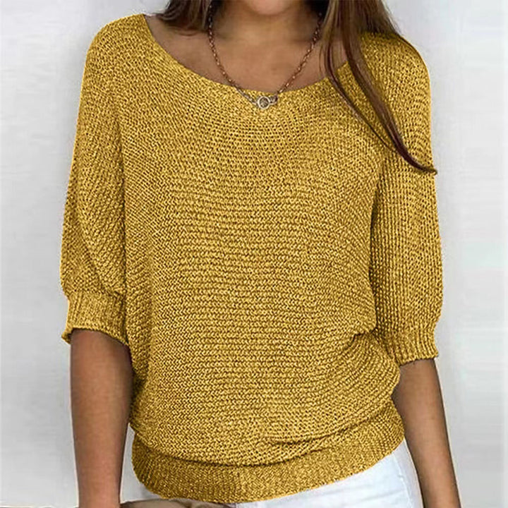 Lila | Chic Blue Textured Knit Pullover With 3/4 Sleeves