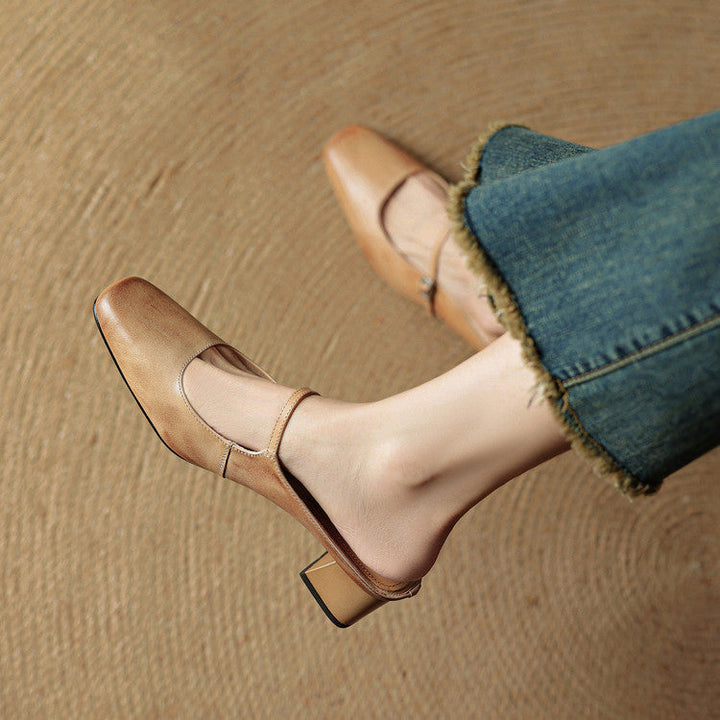 Leona | Elegant Square Toe Block Heel Leather Mules