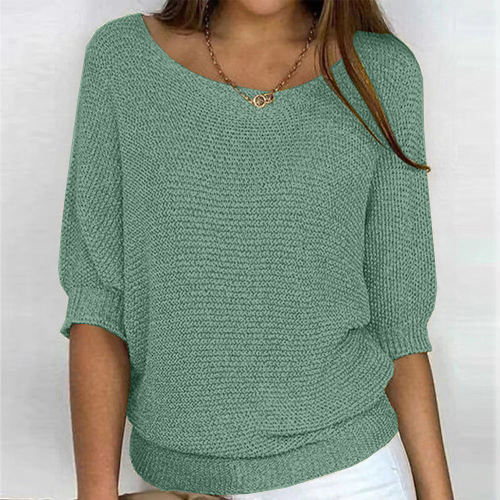 Lila | Chic Blue Textured Knit Pullover With 3/4 Sleeves