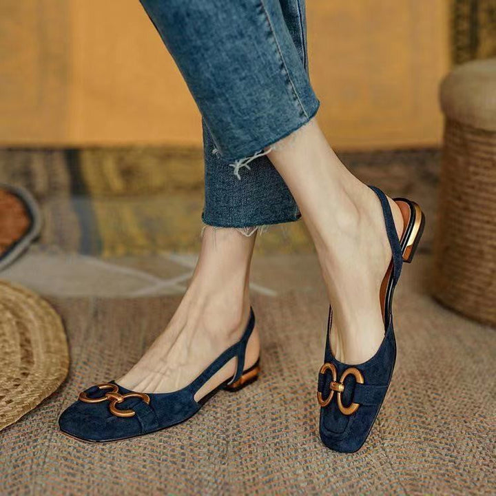 Evelyn | Elegant Navy Slingback Flats With Gold Buckle Detail