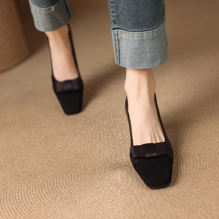 Eloise | Elegant Square Toe Block Heel Pumps With Bow Detail