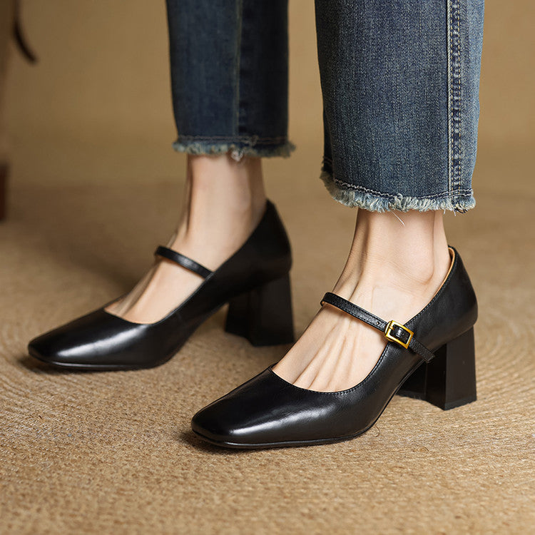 Lenara | Elegant Square Toe Mary Jane Block Heels