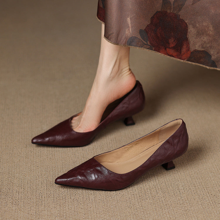 Elyse | Elegant Pointed Toe Burgundy Leather Kitten Heels