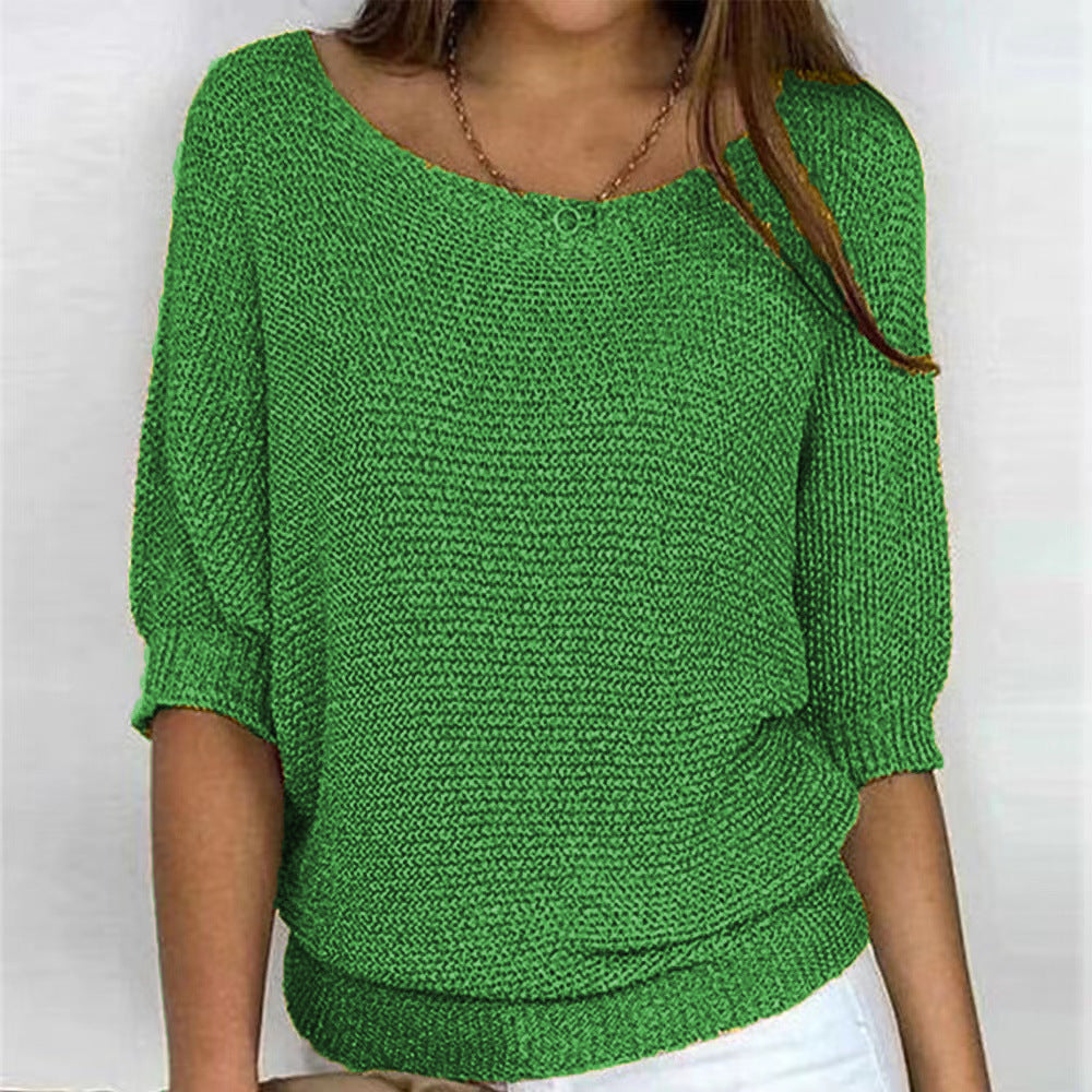 Lila | Chic Blue Textured Knit Pullover With 3/4 Sleeves