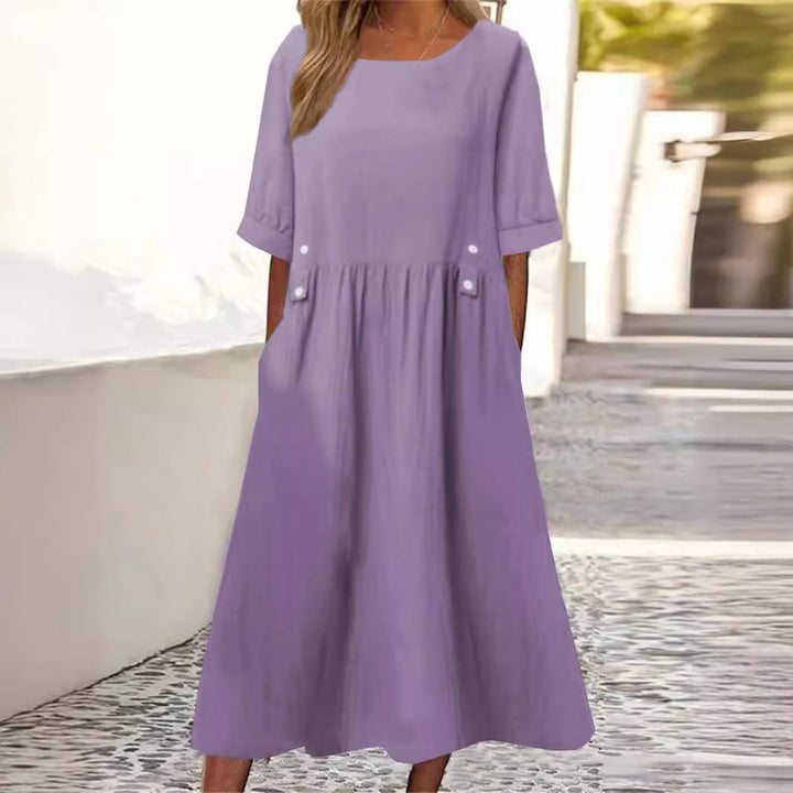 Amelina | Chic Cotton Linen Maxi Dress With Button Details