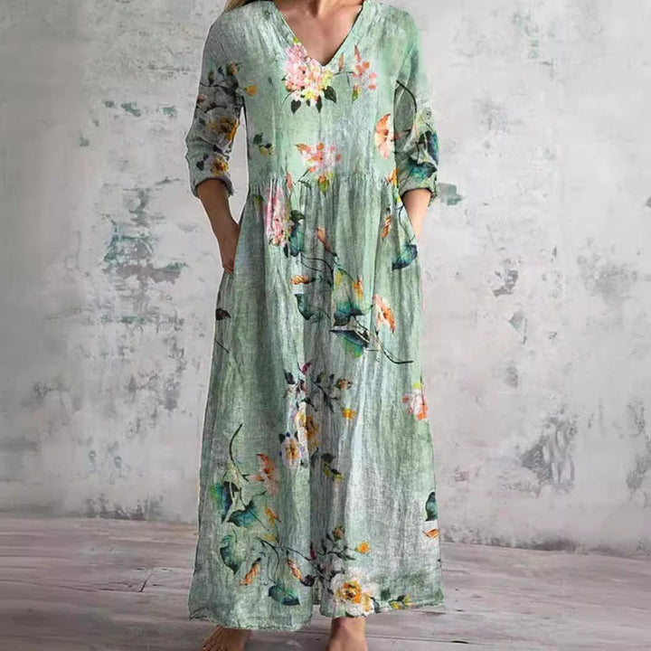 Millie | Elegant V-Neck Floral Maxi Dress With 3/4 Sleeves