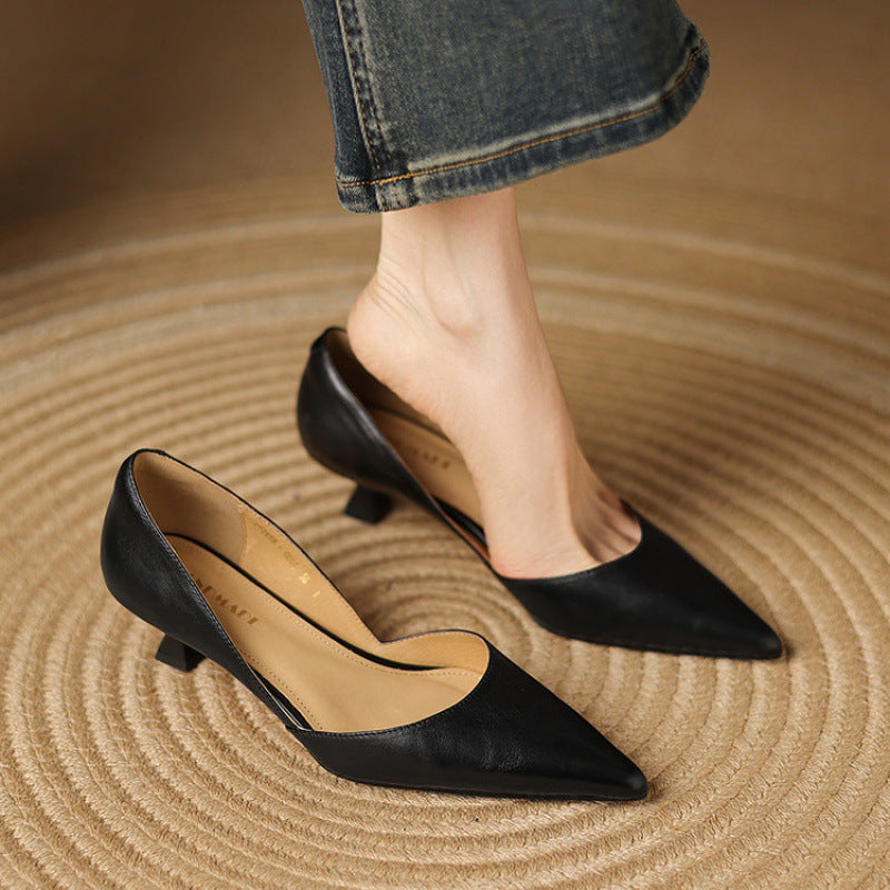 Elena | Elegant Pointed Toe Leather Kitten Heels
