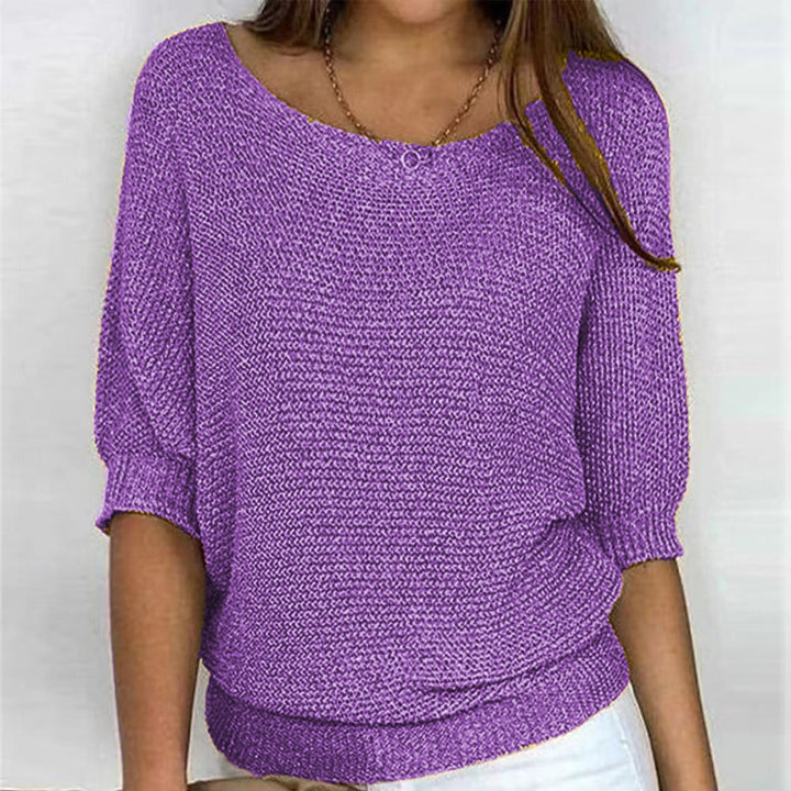 Lila | Chic Blue Textured Knit Pullover With 3/4 Sleeves