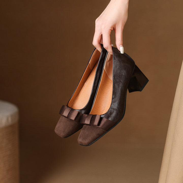 Eloise | Elegant Square Toe Block Heel Pumps With Bow Detail