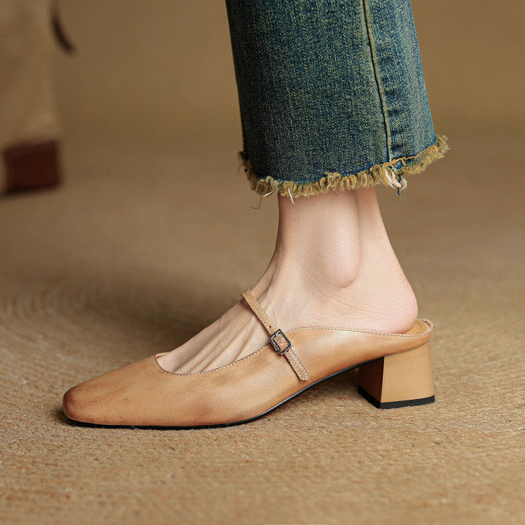 Leona | Elegant Square Toe Block Heel Leather Mules