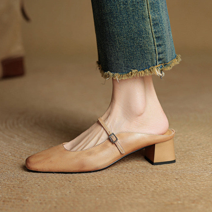 Leona | Elegant Square Toe Block Heel Leather Mules