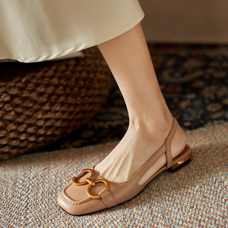 Margot | Elegant Navy Slingback Flats With Gold Buckle Detail