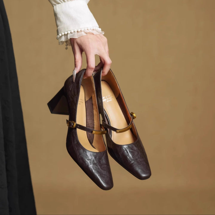 Auria | Elegant Square-Toe Mary Jane Block Heel Pumps