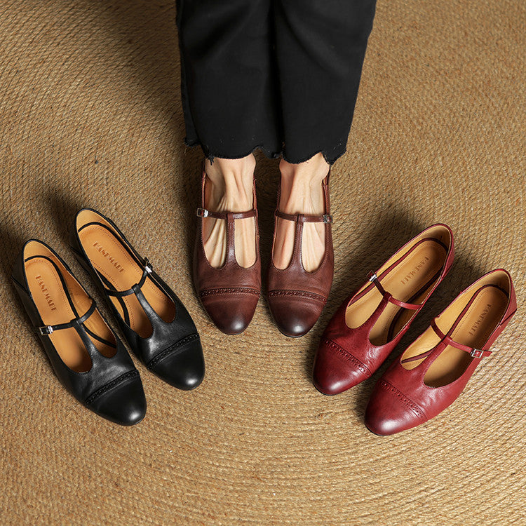 Eleanore | Elegant T-Strap Genuine Leather Mary Jane Flats