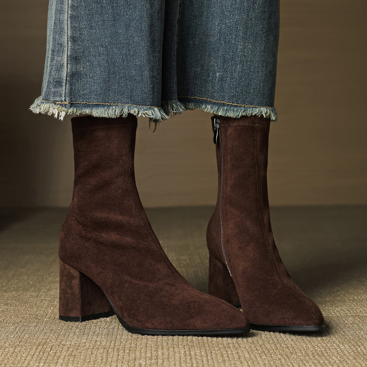 Rosanna | Chic Brown Suede Ankle Boots With Block Heel