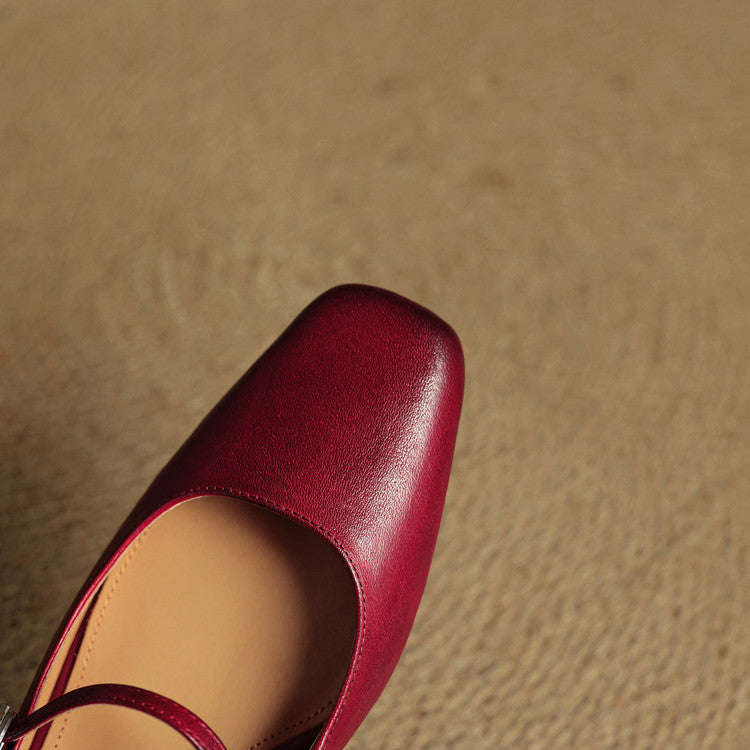 Leona | Elegant Square Toe Block Heel Leather Mules