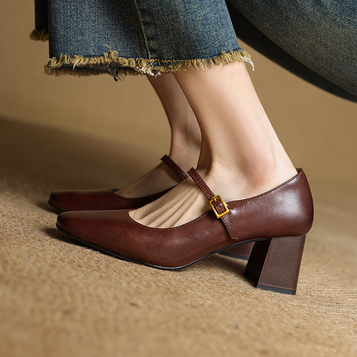 Lenara | Elegant Square Toe Mary Jane Block Heels