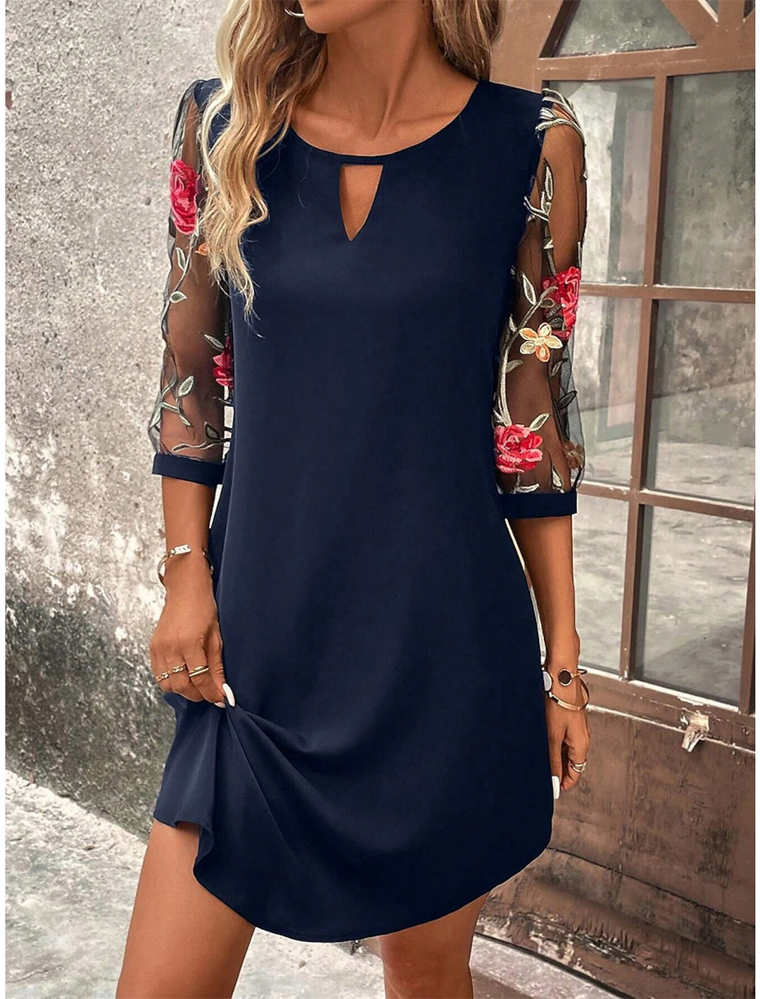 Lexi | Elegant Floral Embroidered Mini Dress With Mesh Sleeves