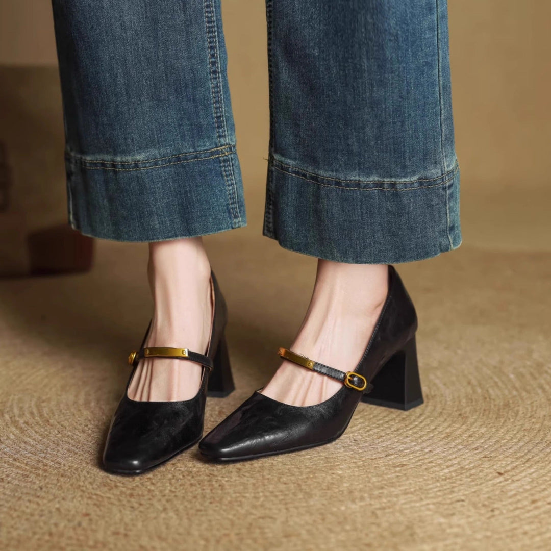 Auria | Elegant Square-Toe Mary Jane Block Heel Pumps