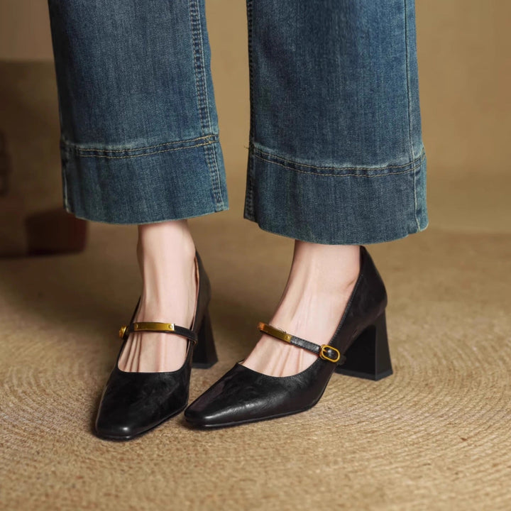 Auria | Elegant Square-Toe Mary Jane Block Heel Pumps