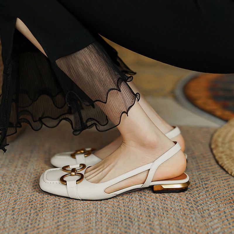 Evelyn | Elegant Navy Slingback Flats With Gold Buckle Detail