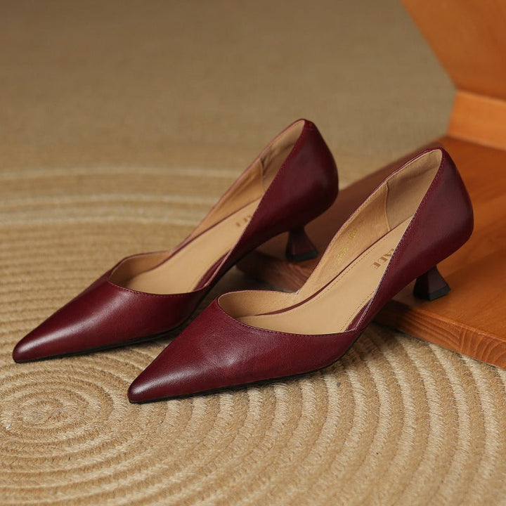Elena | Elegant Pointed Toe Leather Kitten Heels