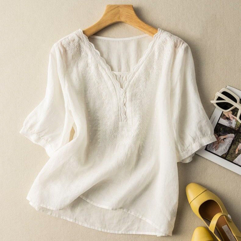 Vivienne | Elegant Embroidered V-Neck Cotton Linen Blouse